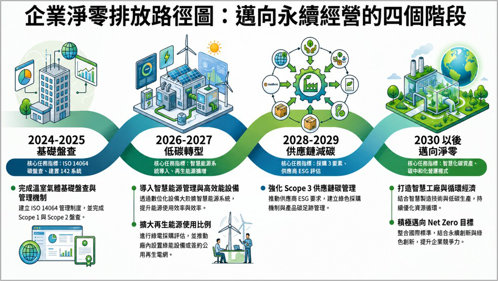 企業淨零排放路徑圖：邁向永續經營的四個階段